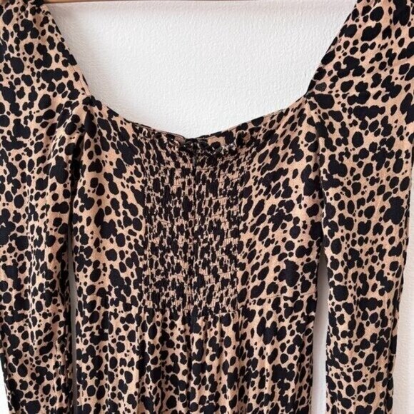 Reformation Sigmund Leopard Midi Dress Square Neck Long Sleeves Brown Size 4 - Picture 10 of 11